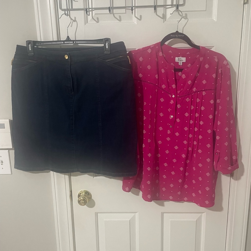 Pink Patterned Blouse 1x and sz18 Jean skirt jones Skirt Set